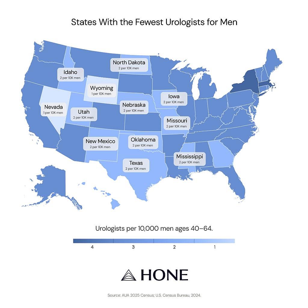 A U.S. map showing the states with the fewest urologists for men.