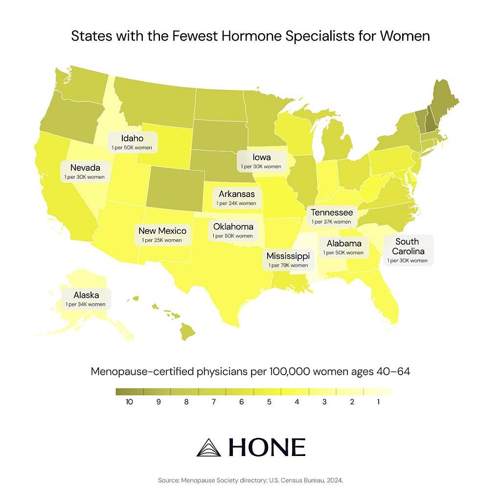 A U.S. map showing the states with the fewest hormone specialists for women.