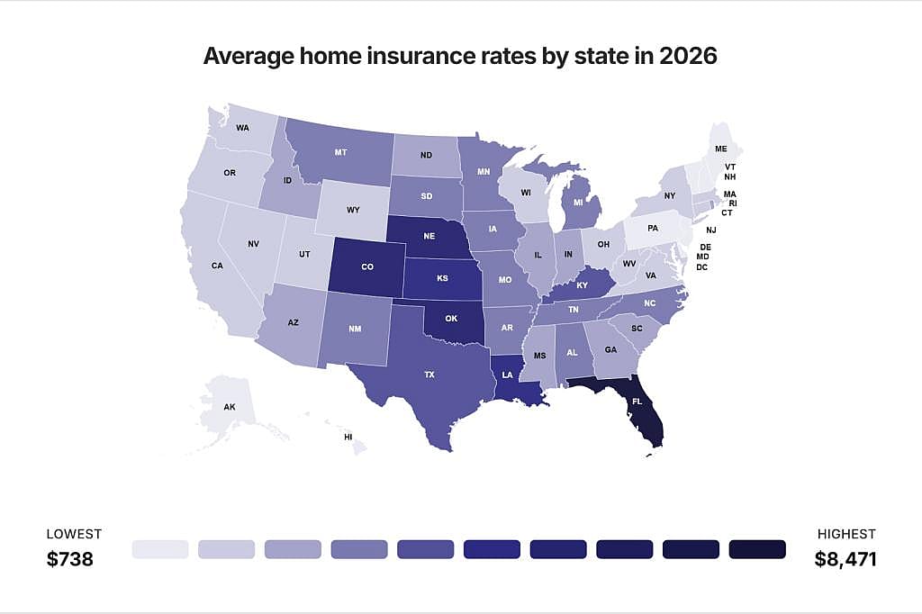 A data map of the US revealing the average home insurance rates by state in 2026.