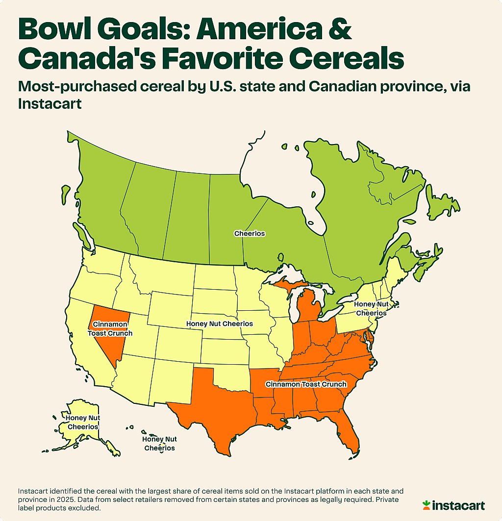 A map showing the most-purchased cereal by U.S. state and Canadian province.