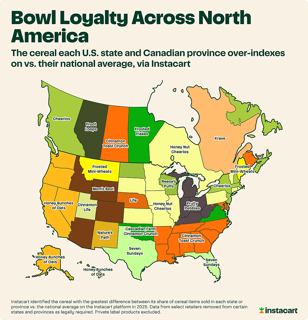 U.S. and Canada maps showing the cereals per state and province over-indexes versus the national average.