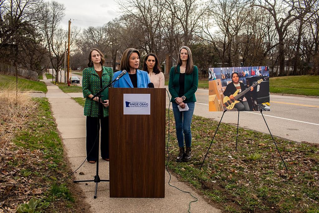 Rep. Angie Craig speaks at a press conference calling for Andrea Pedro-Francisco’s release from ICE custody Monday, April 13, 2026 on an intersection in Burnsville, Minnesota close to where Pedro-Francisco was detained by agents.