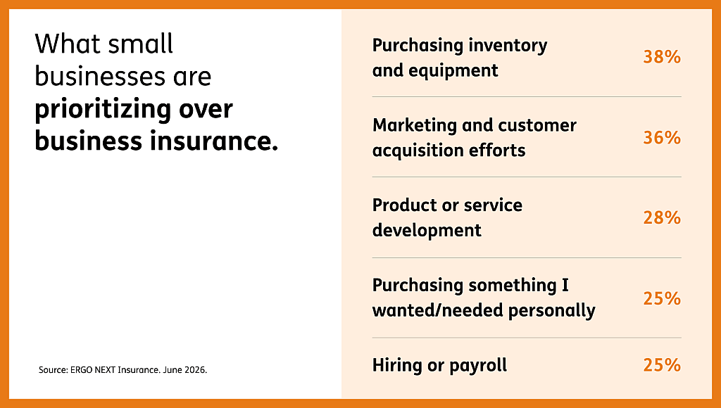 Infographic reporting what the small businesses are prioritizing over business insurance.
