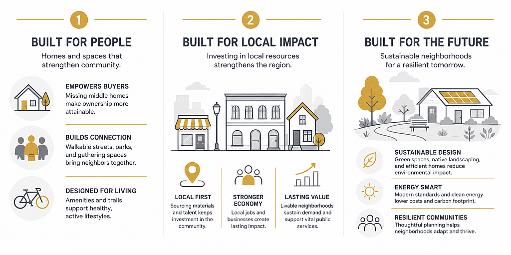 An infographic showing the three foundations for an affordable, livable, and community-focused homebuilding.