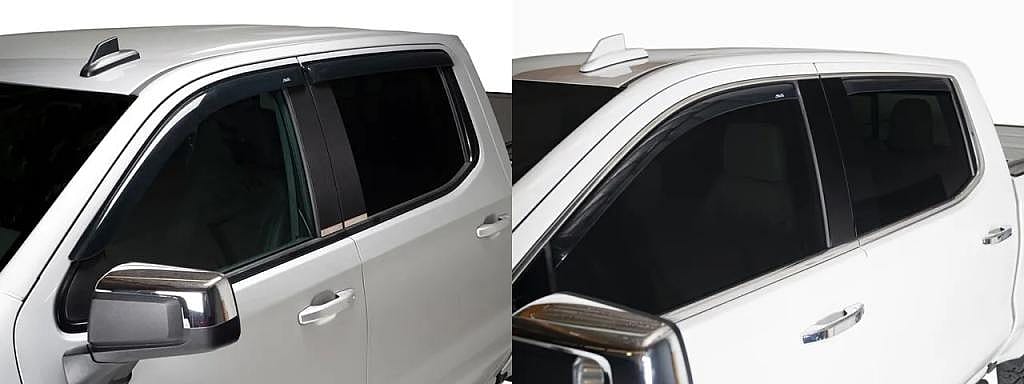 A side-by-side comparison of in-channel rain guards vs. stick-on rain guards.