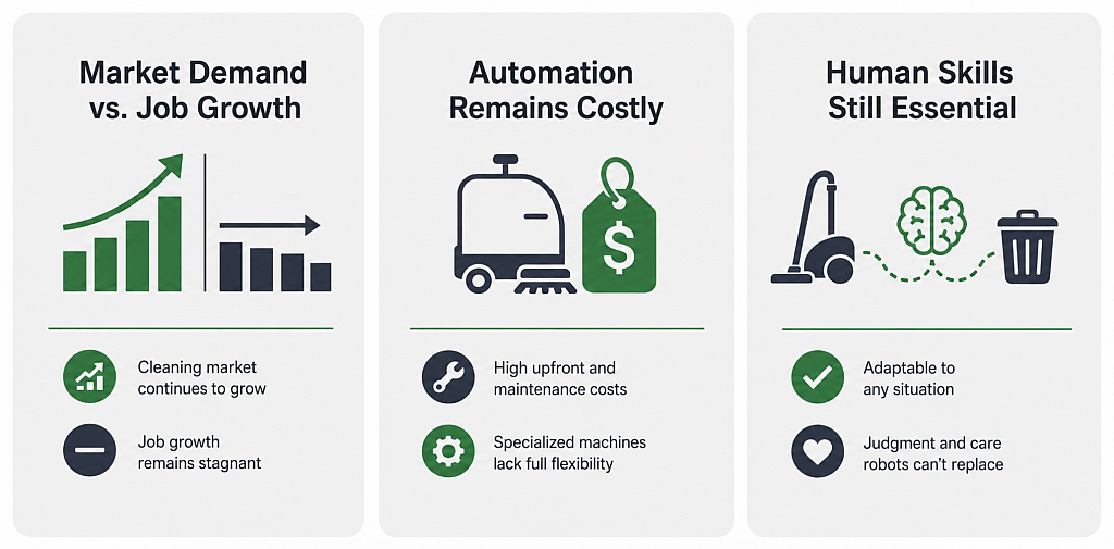 An infographic outlining the essential role of human workers in the cleaning industry, despite automation advancements.