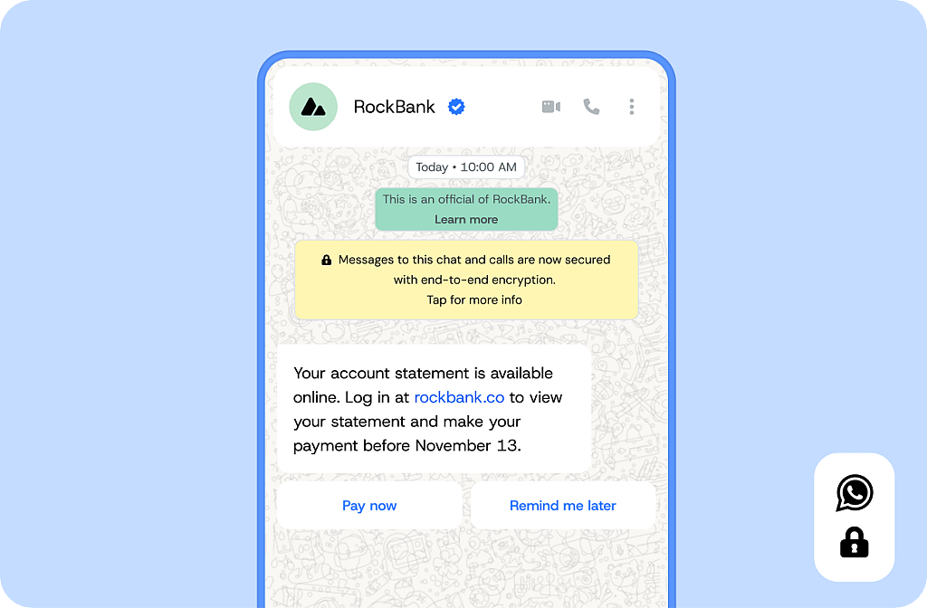 A screenshot of a WhatsApp message of a verified bank brand to a user's account.