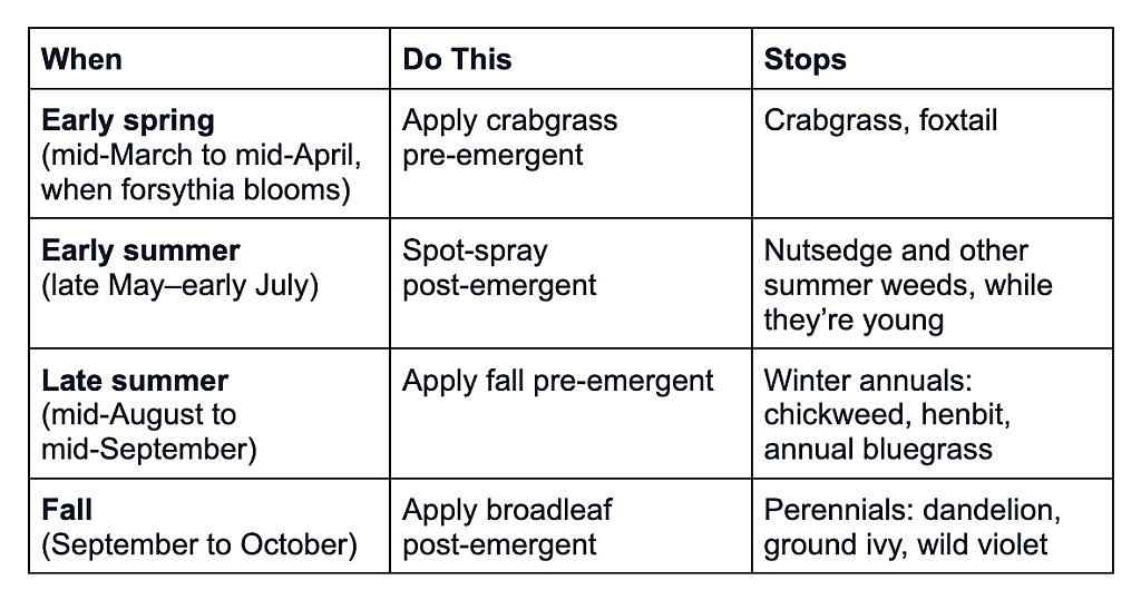 Table explaining when to treat common Ohio weeds.