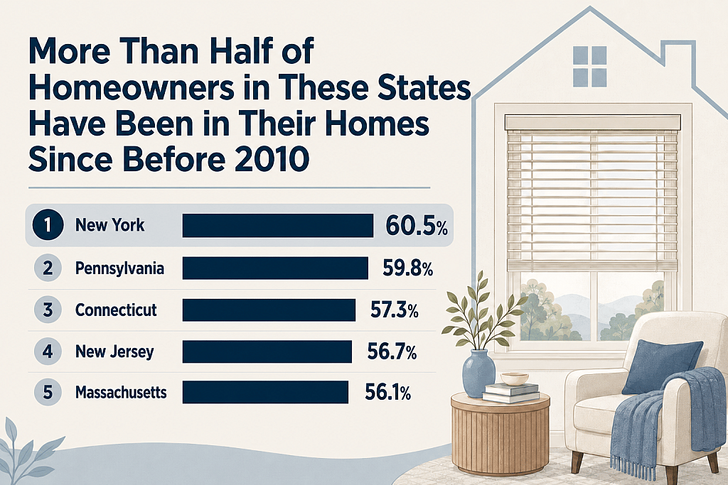 Infographic listing the top 5 states where more than half of homeowners have been in their homes since before 2010.