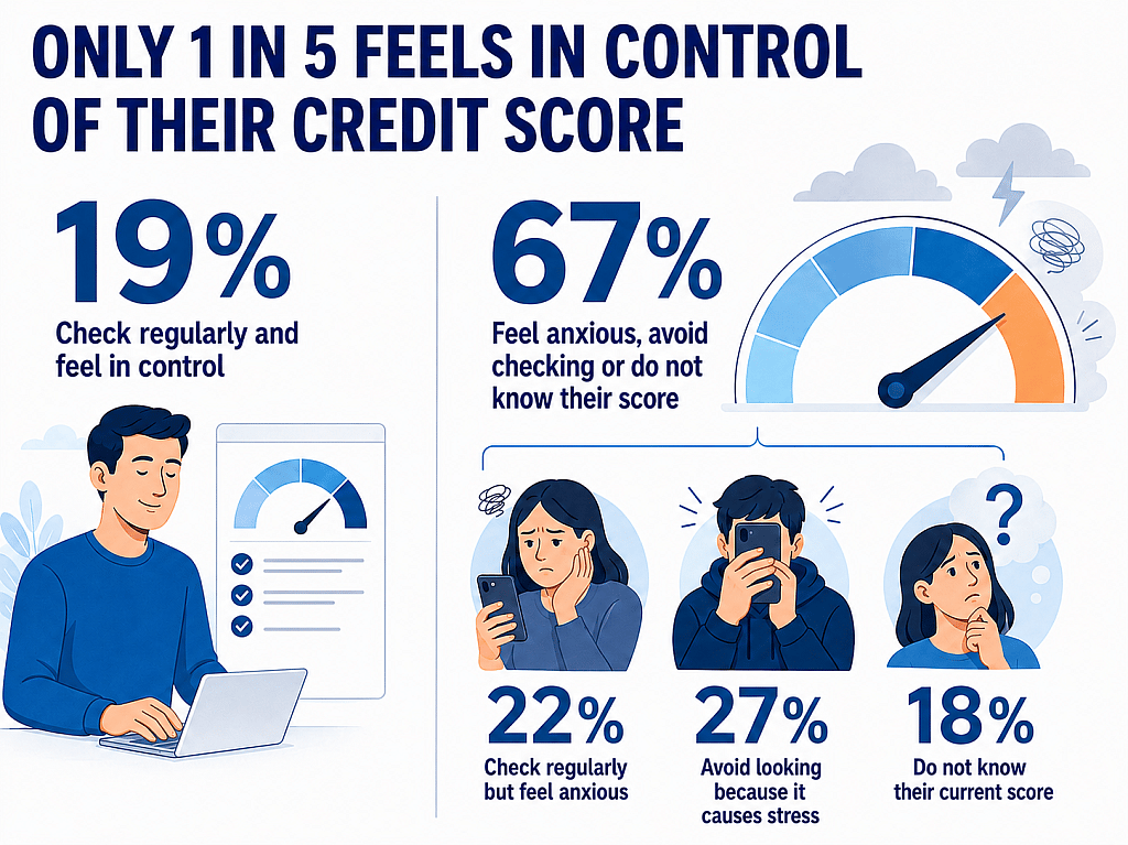 Infographic revealing that only 1 in 5 feels in control of their credit score based on survey respondents.