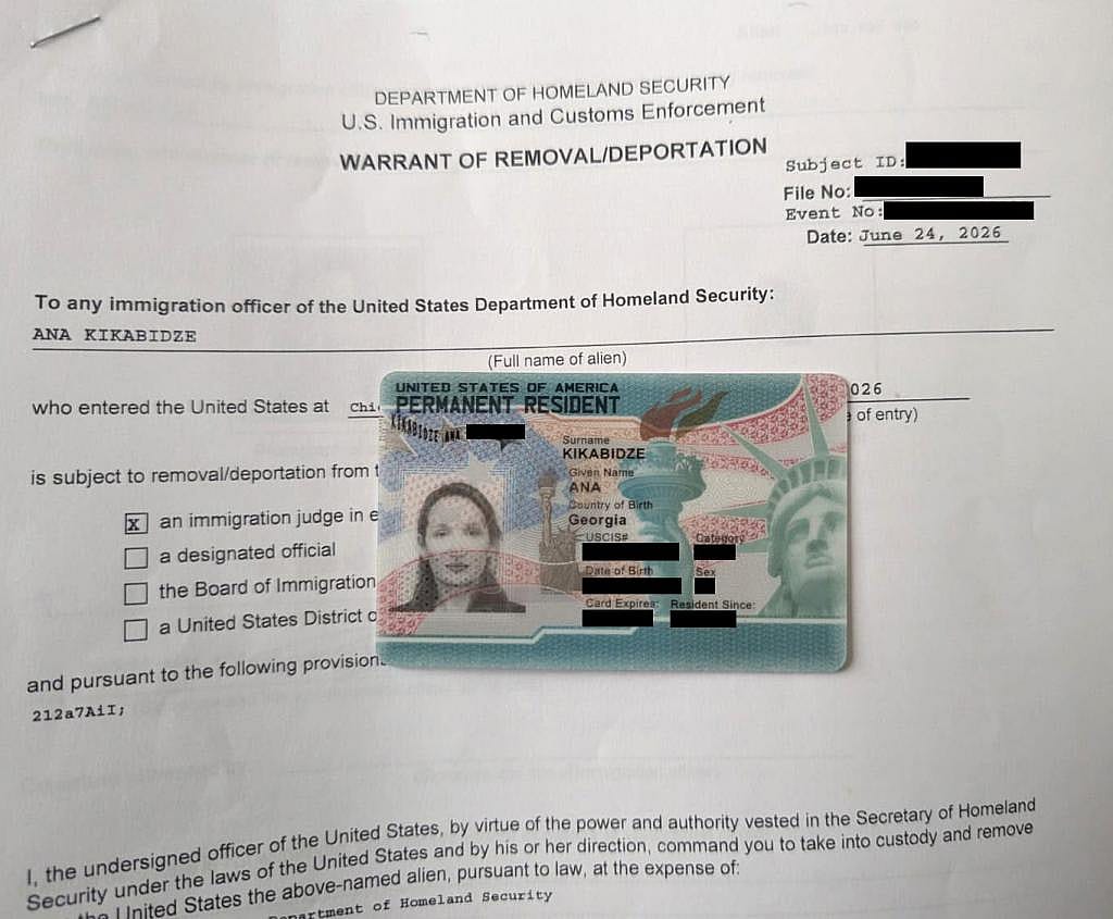 Paperwork showing Kikabidze spent three years recovering her green card status, flying to the U.S. for separate appointments for the government to take fingerprints from her and her children and run FBI background checks.