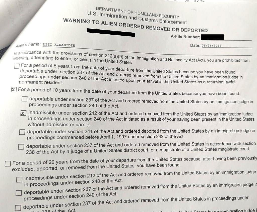 U.S. Immigration and Customs Enforcement issued documents to Kikabidze and her children banning them from returning to the United States for 10 years.