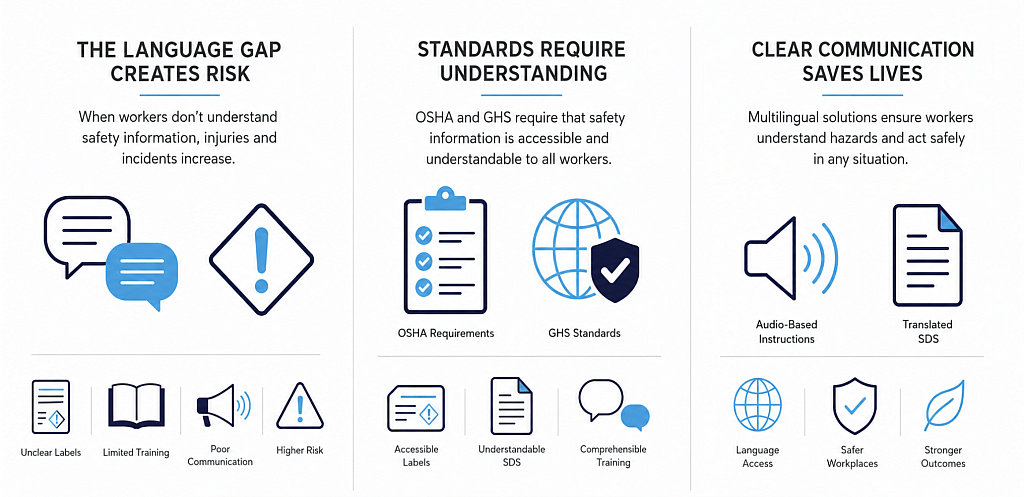 An infographic reporting overview data on the multilingual hazard-communication gap.
