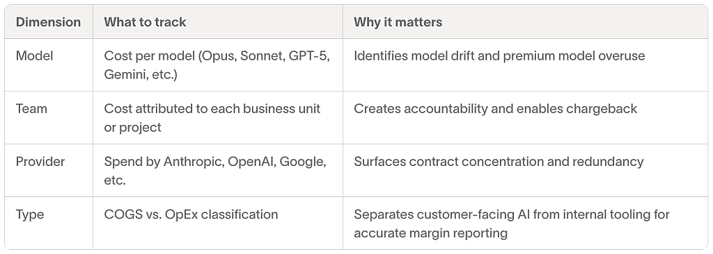 Table defining the tracking framework for AI costs.