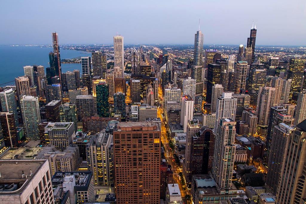 An aerial view of Chicago's skyline at early evening in Illinois, USA.