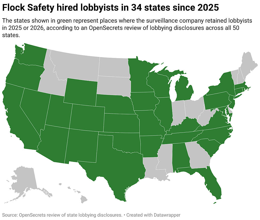 A U.S. map chart showing green-colored states where Flock Safety hired lobbyists since 2025. 