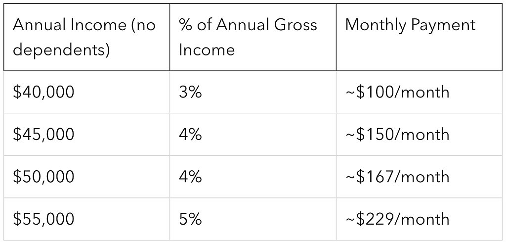 Table breaking down the numbers for a new grad earning $40-55K a year with no dependents in line with RAP.