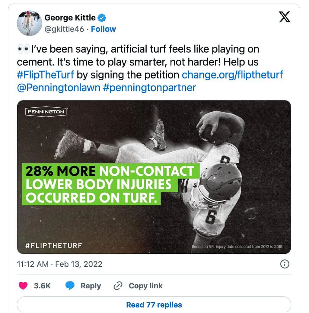 A screenshot of National Football League (NFL) player George Kittle's X post advocating for an online petition to switch real grass over artificial turf.
