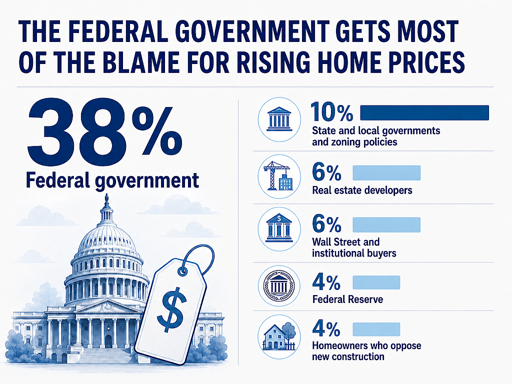 An infographic reporting that the federal government gets most of the blame for rising home prices.