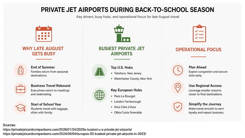 An infographic showing the key drivers and focus areas of private jet airports during back-to-school season. 