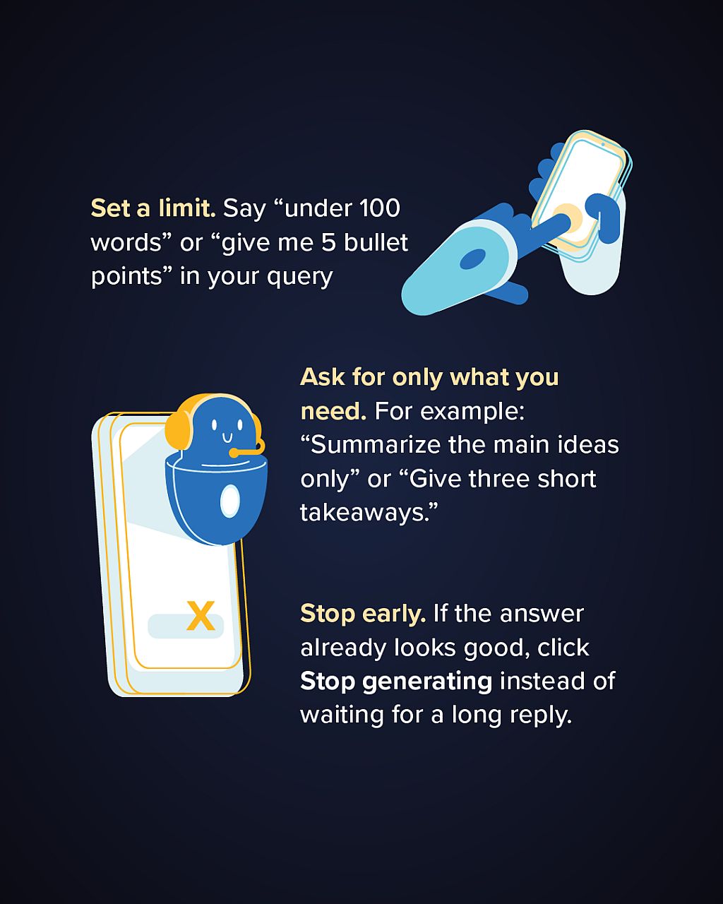 Infographic 2 of 5: Energy-saving tips for AI use. Set a limit, ask for only what you need, and stop early.