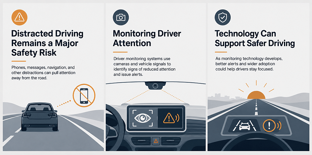 An infographic reporting overview on distracted driving and how technology can support safer driving.