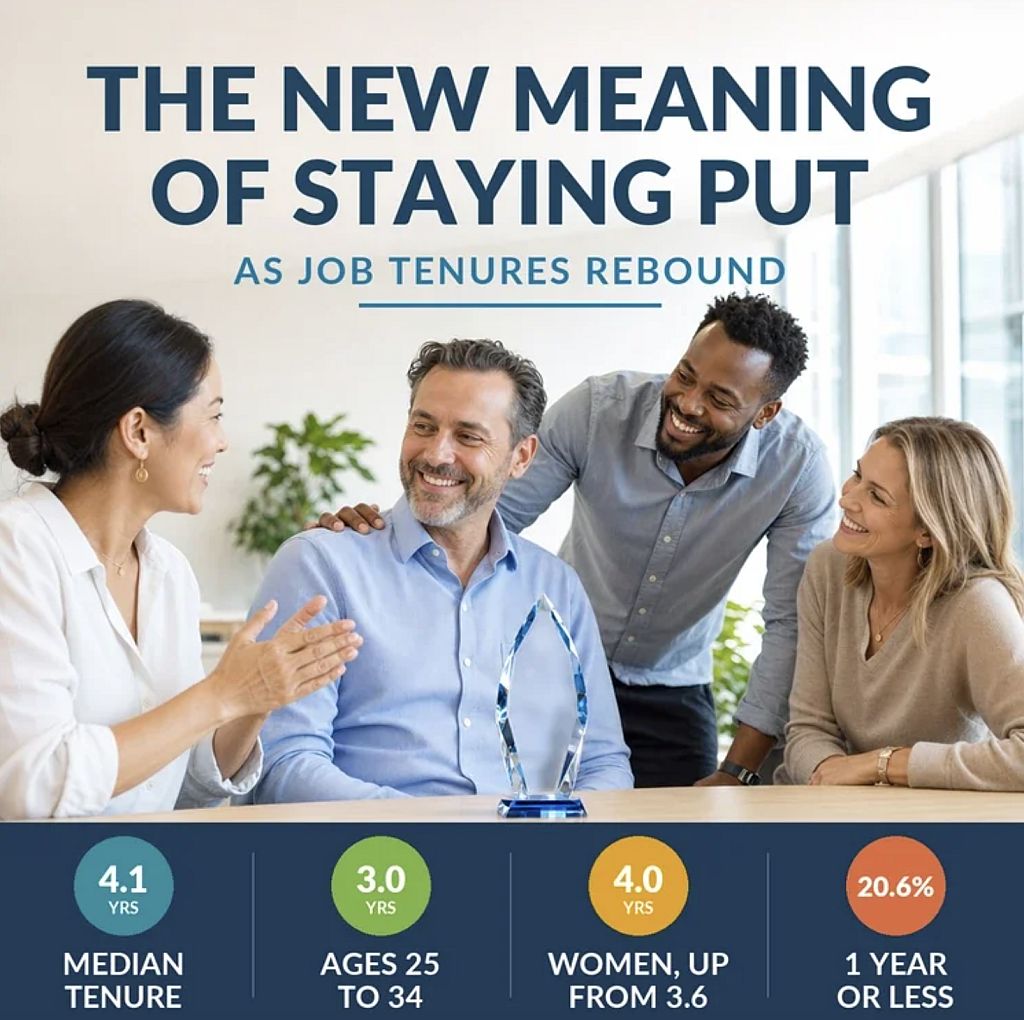 A graphic showing the median employee tenure across different metrics in the workforce.