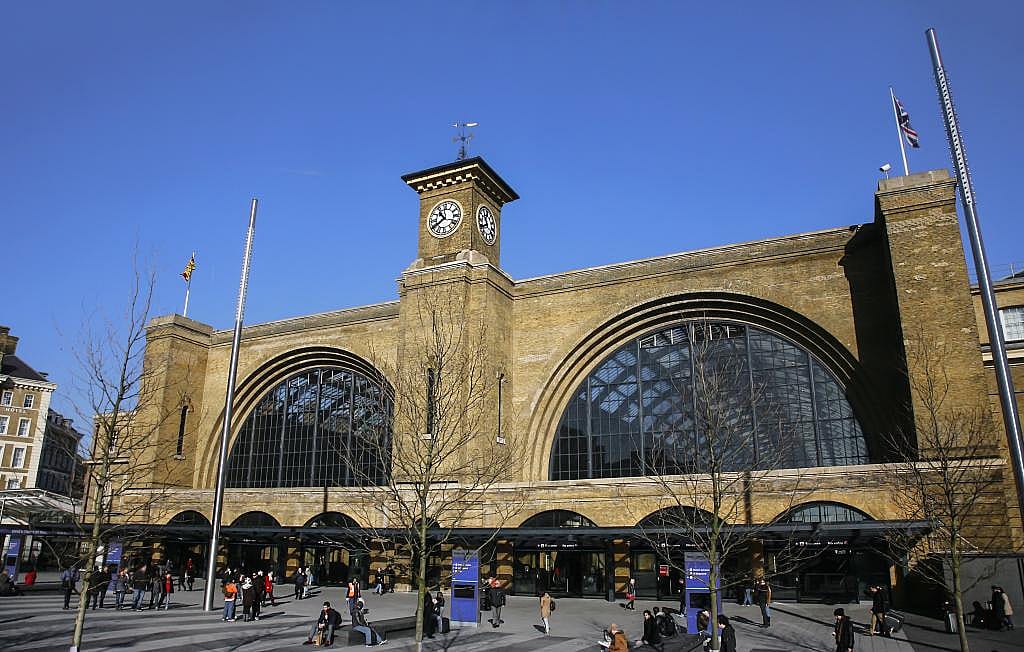 The outside view of King's Cross train station, also called the London St. Pancras International Railway Station in London, United Kingdom.