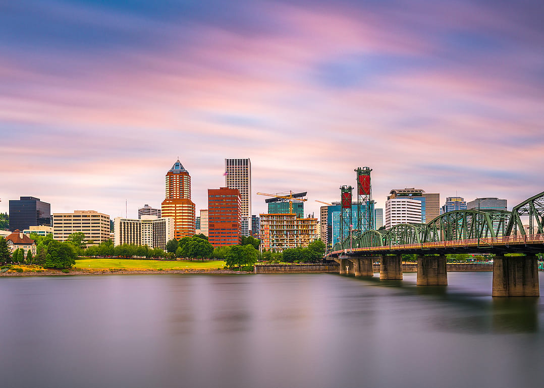 Portland, Oregon, skyline at dusk on the Willamette River.