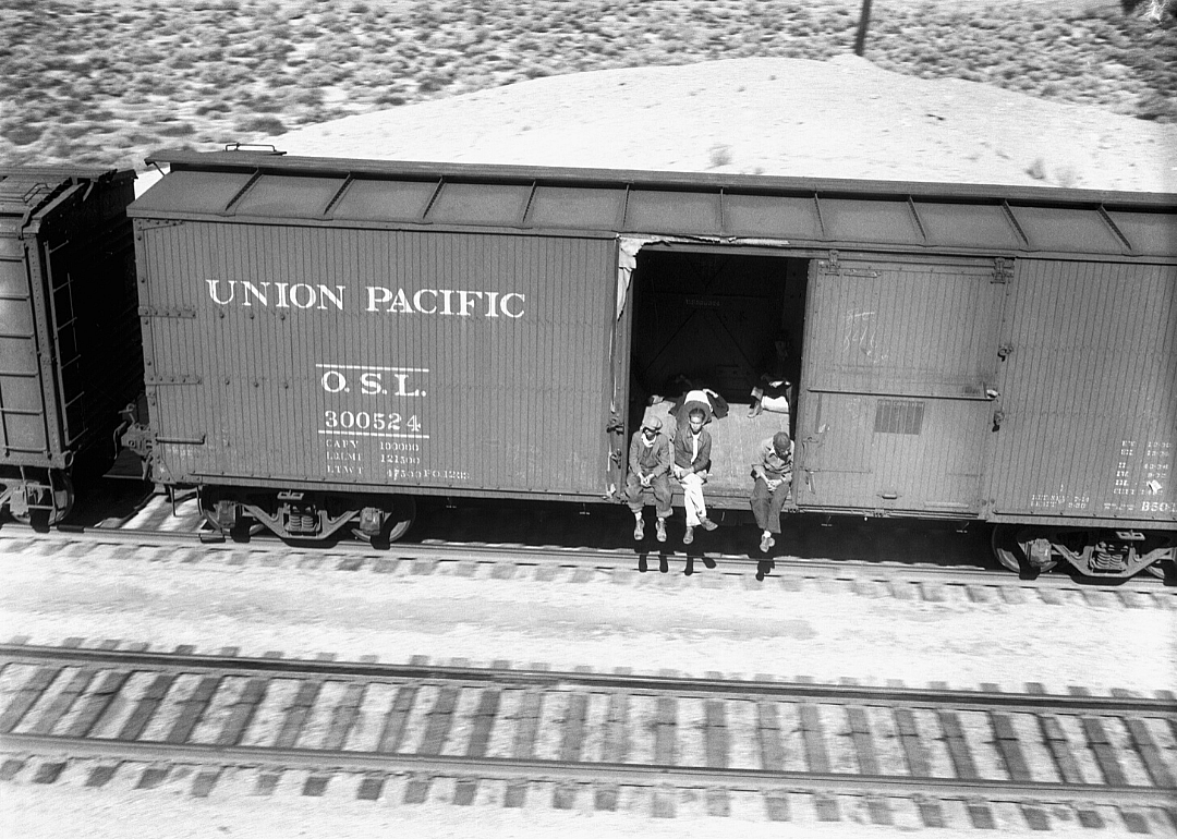 Homeless people ride freight train to California in 1934