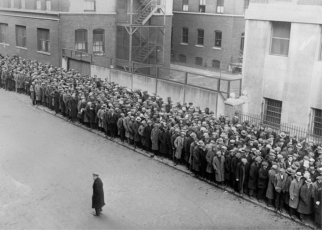 Unemployed people in line for dinner at a shelter in New York City in 1930