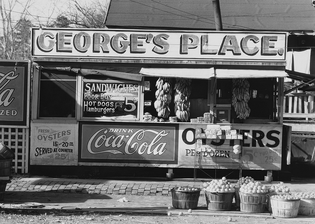 A roadside food stand in Louisiana in 1936