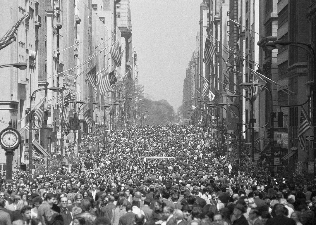 Crowds fill a carless Fifth Avenue in New York City on Earth Day.