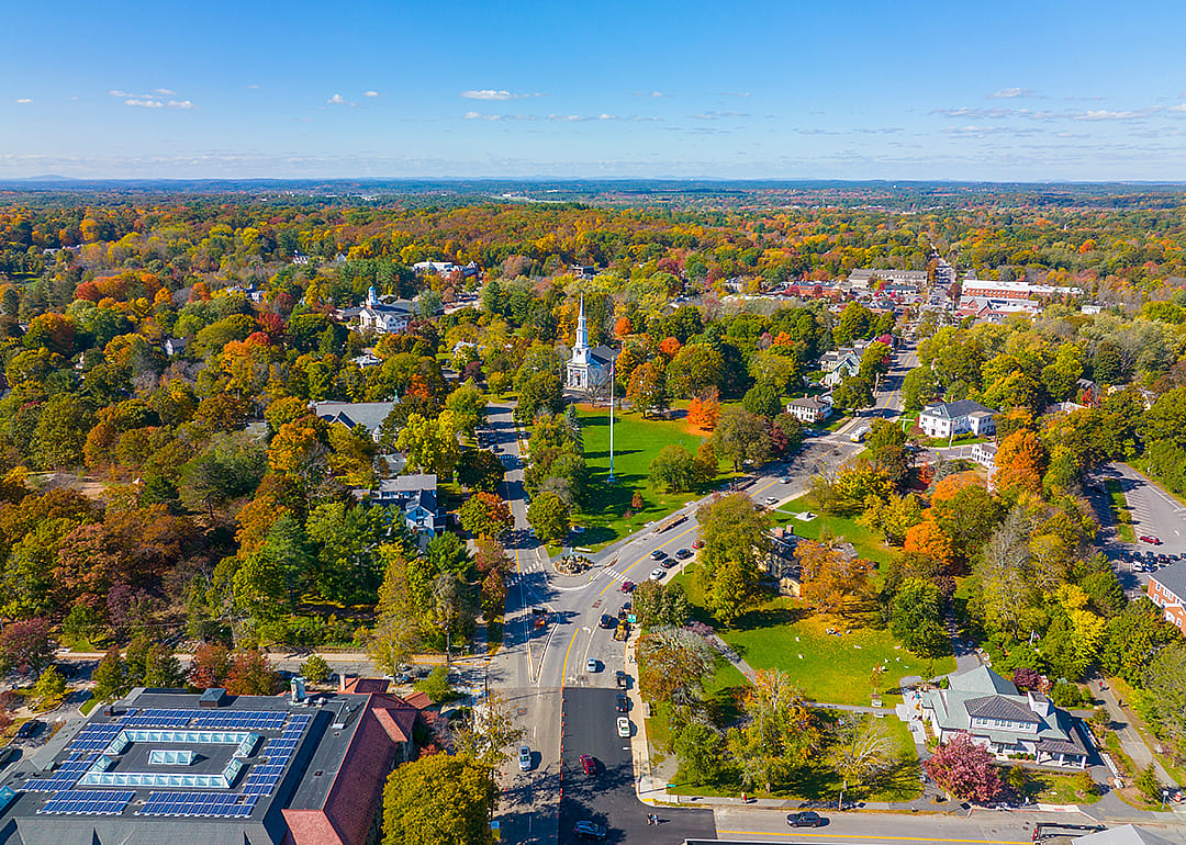Lexington town center aerial view in fall on Massachusetts Avenue.