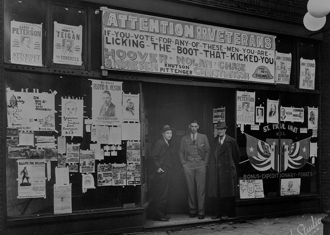 Signs urge veterans against voting for certain candidates in 1932