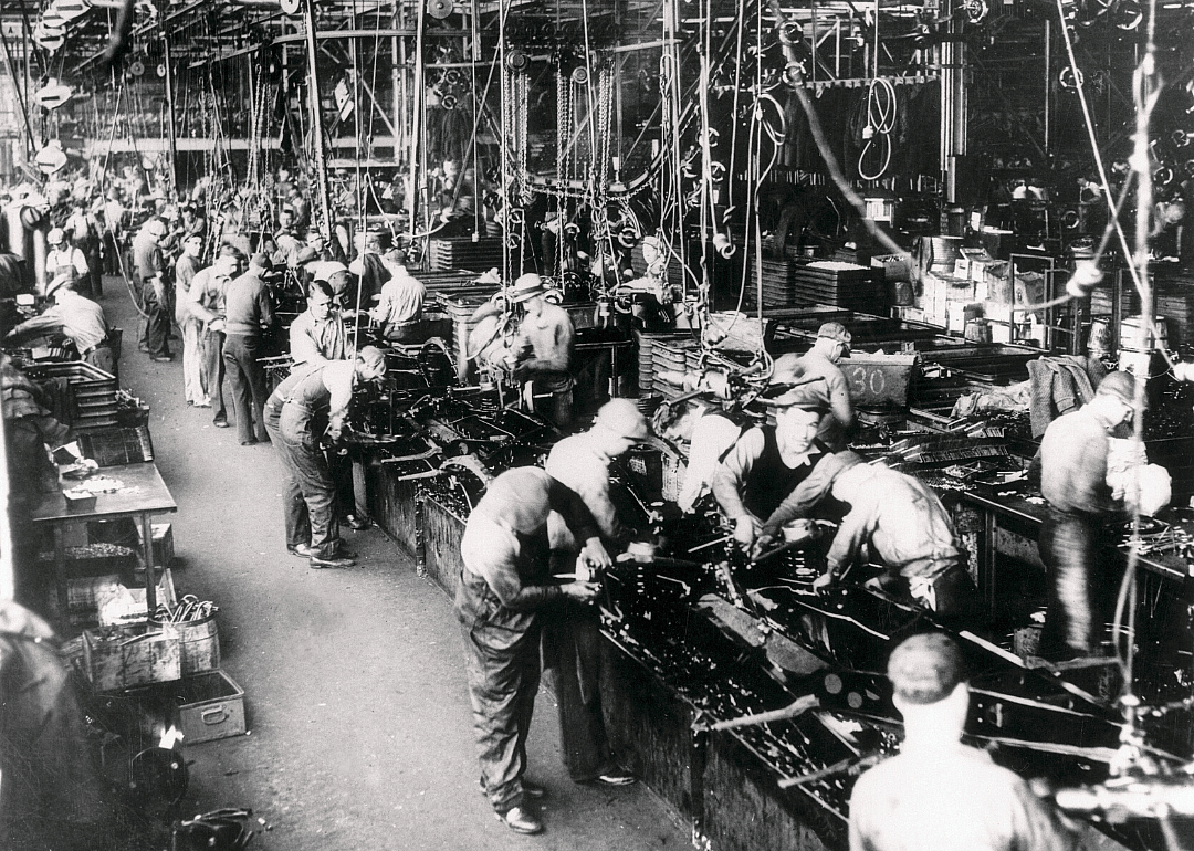 An automobile assembly line in Detroit in 1934