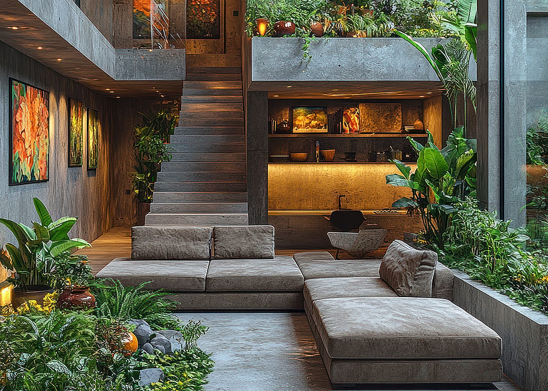 Living room comfortable sofas, abundant greenery, and window to outside space.
