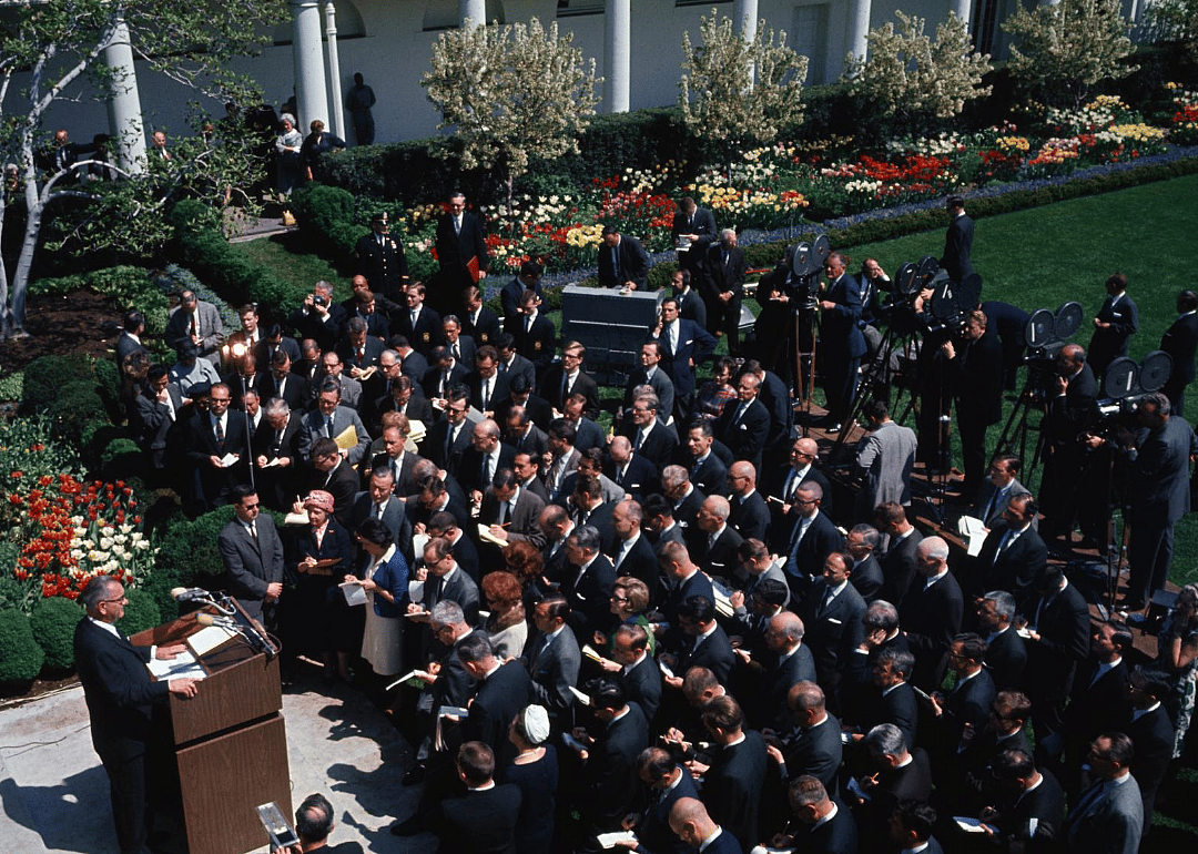 1964: Lyndon B. Johnson press conference in the Rose Garden
