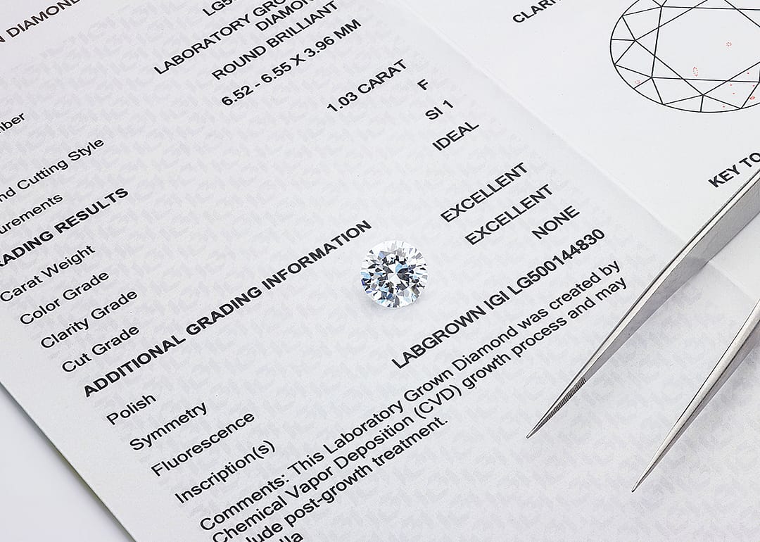 Lab-grown diamond photographed on IGI Diamond Grading Certificate.