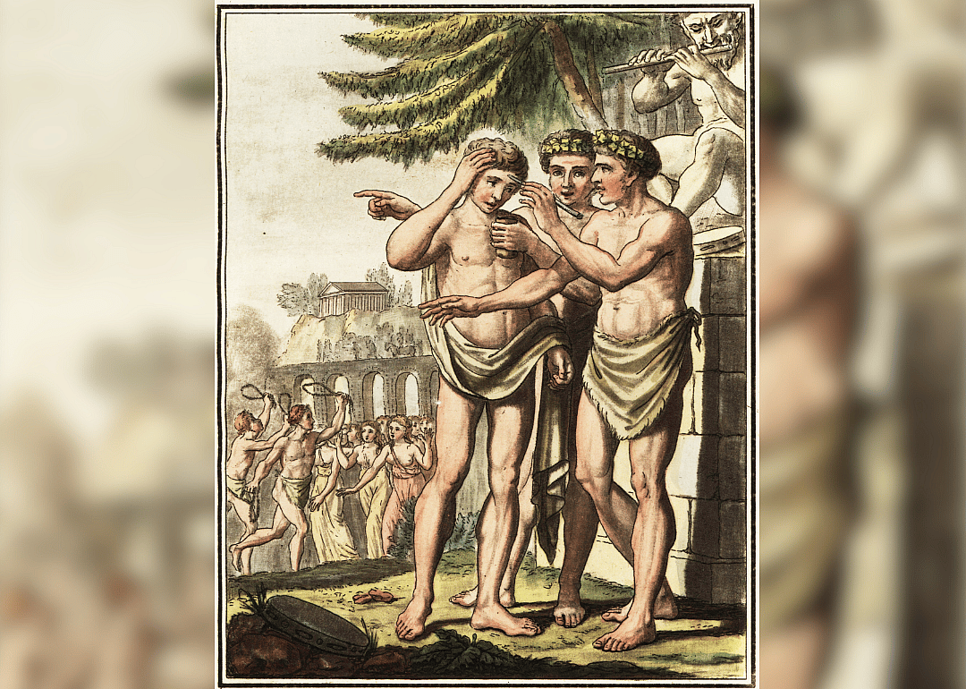Luperci, priests of Lupercalia in laurel wreaths.