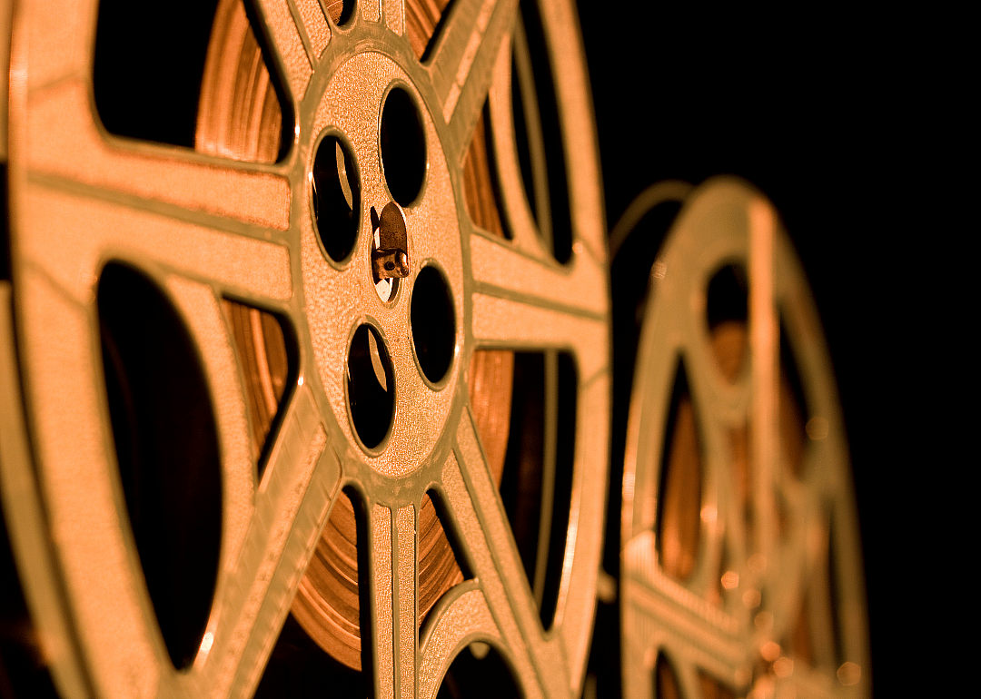 Closeup of vintage movie film reels.