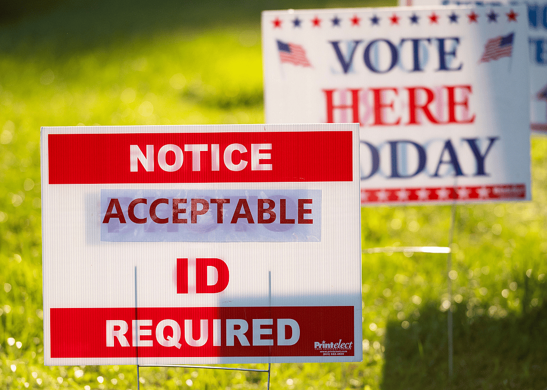 “Notice Acceptable ID Required” sign outside a Virginia polling place.