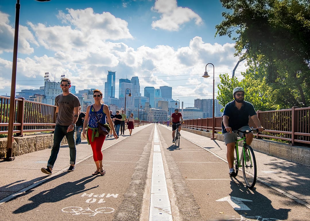 Bicycles and pedestrians on the Stone Arch Bridge in Minneapolis