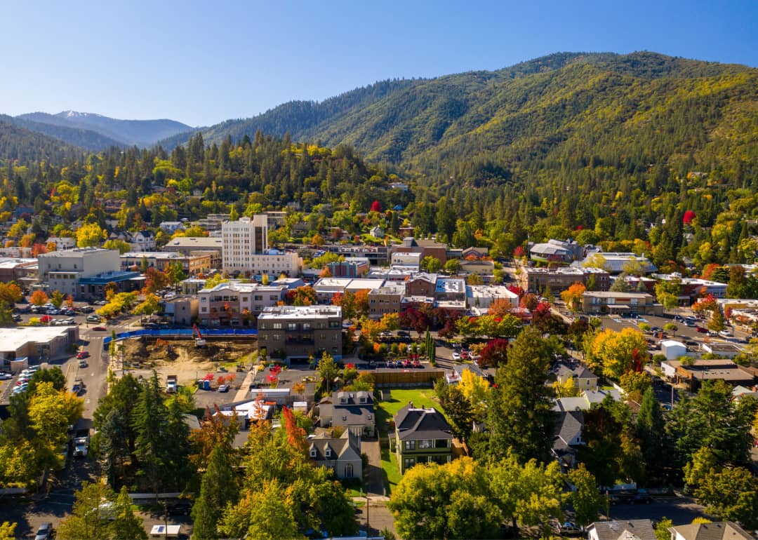 Aerial view of Ashland, Oregon in autumn