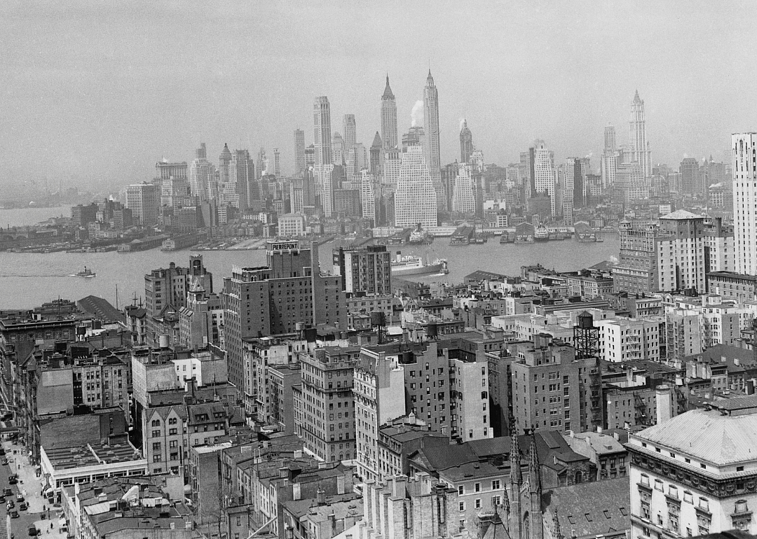 Elevated view of Brooklyn, New York looking across Manhattan.
