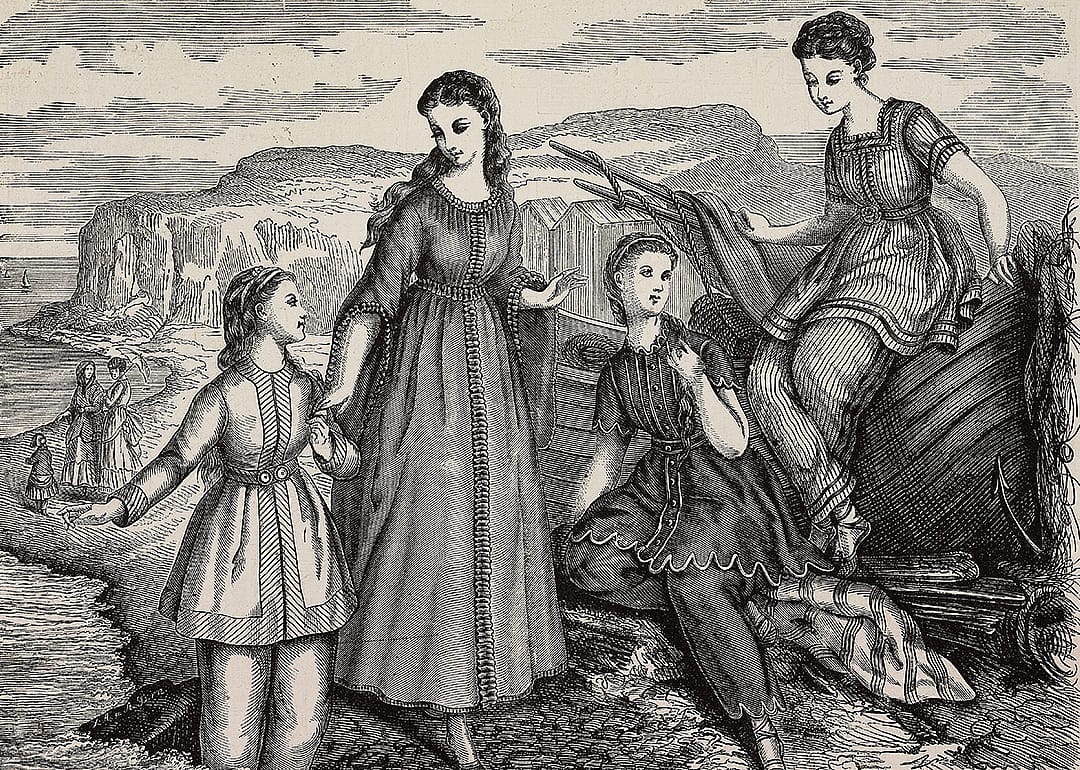 An engraving from La Mode Illustree featuring Women wearing bathing costumes on the beach.