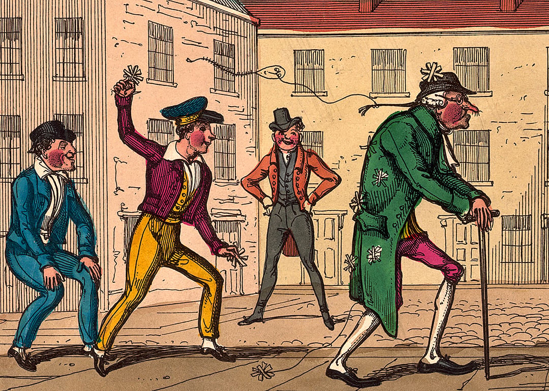 Vintage illustration of youths playing a prank on an older man.
