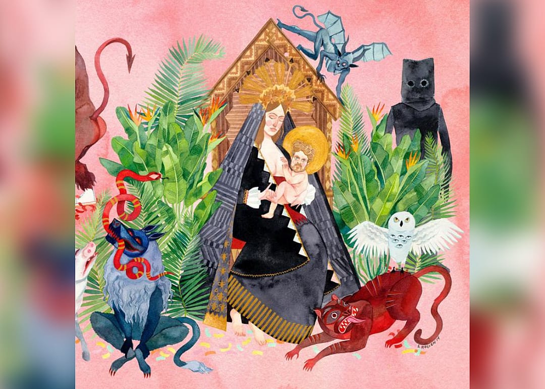 An illustration with a pink background with fictional animals and a woman holding a baby.