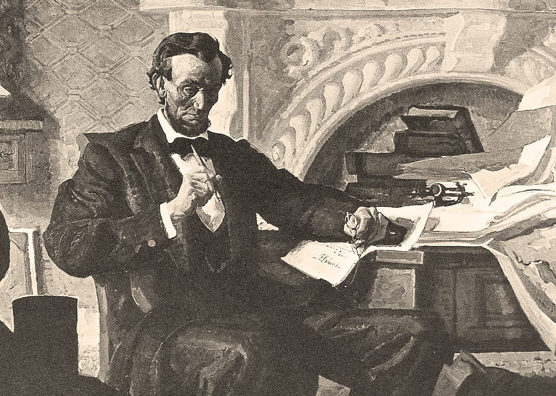 An illustrated portrait of Abraham Lincoln in his study.