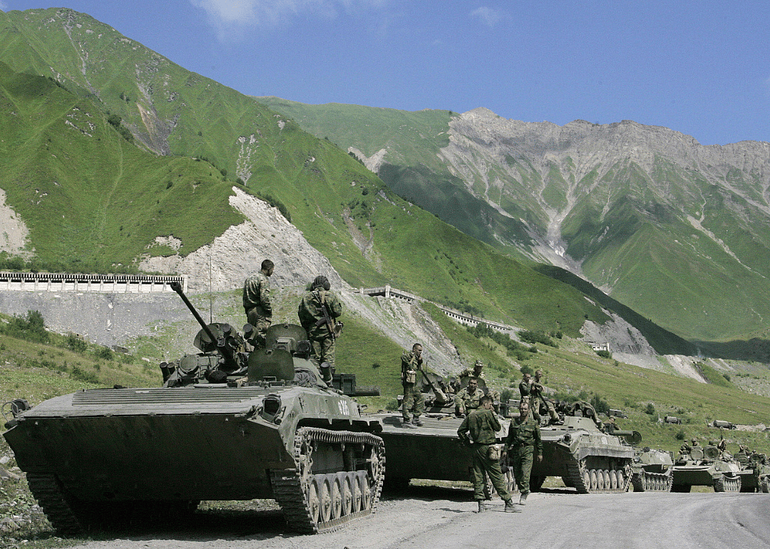 A convoy of Russian troops makes its way through the mountains of South Ossetia.